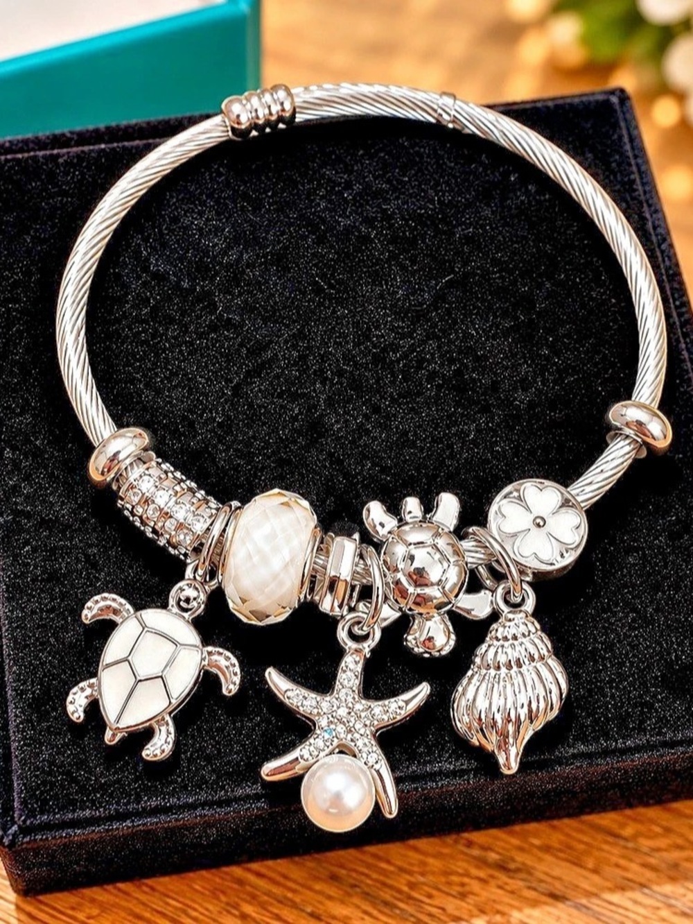 Ocean-Inspired Silver-Tone Charm Bracelet | Sea Turtle, Starfish, Pearl
